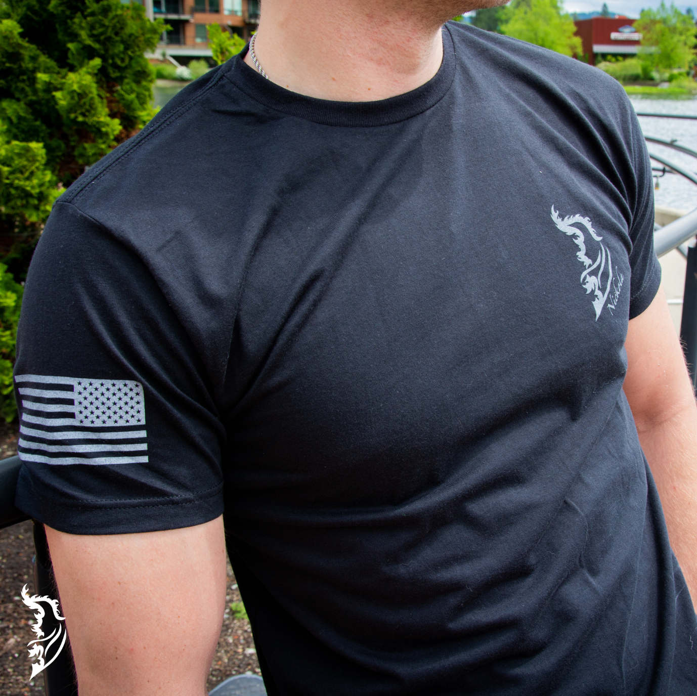Grey American Flag on right shoulder and Grey Angel Wing logo on front left chest