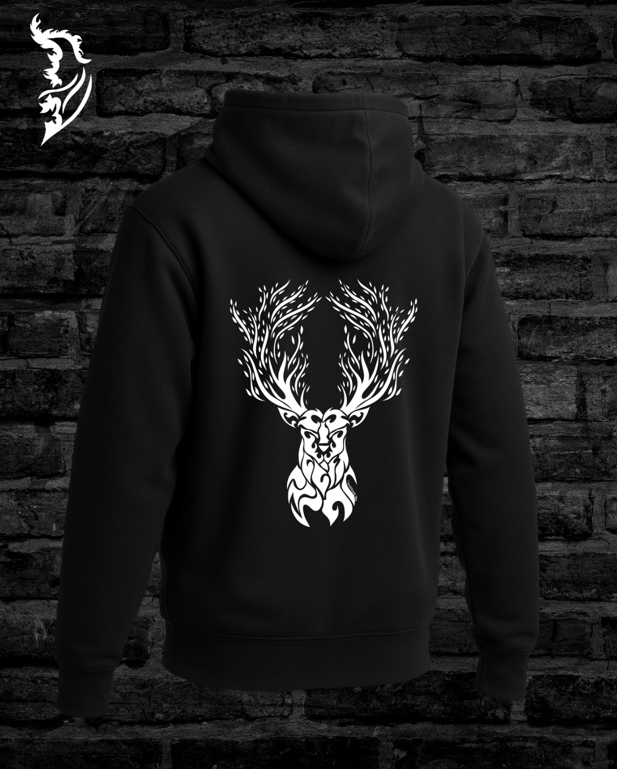 White Hand-drawn Stag on center of back