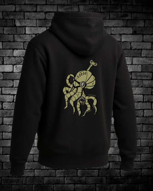 Hand-drawn Steampunk Octopus in bronze on back center of hoodie