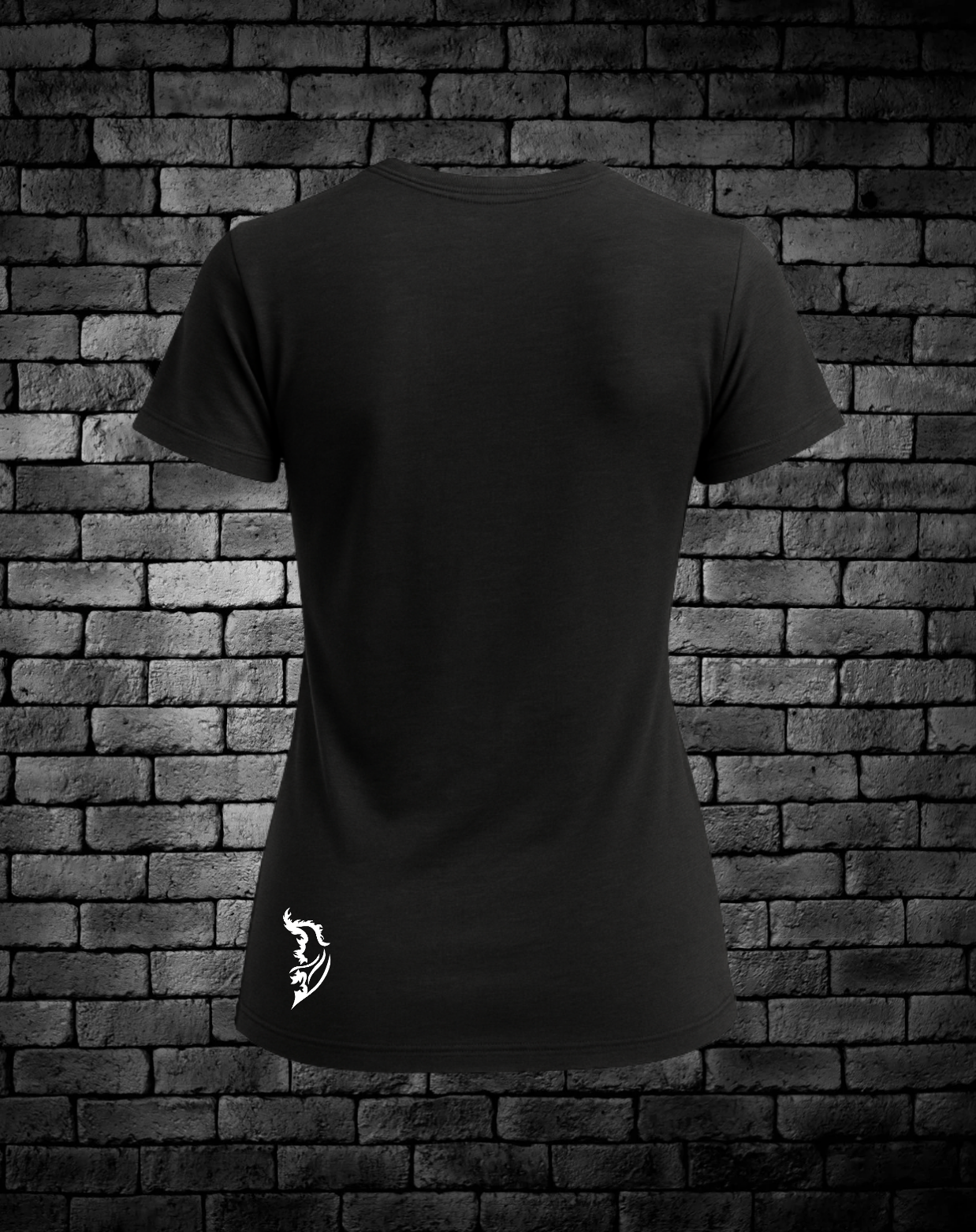Black T-Shirt with White Angel Wing Logo on bottom back left