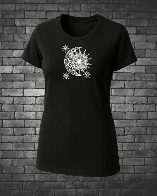 Hand-drawn Lined Sun & Moon with one star in top right corner and two stars on bottom