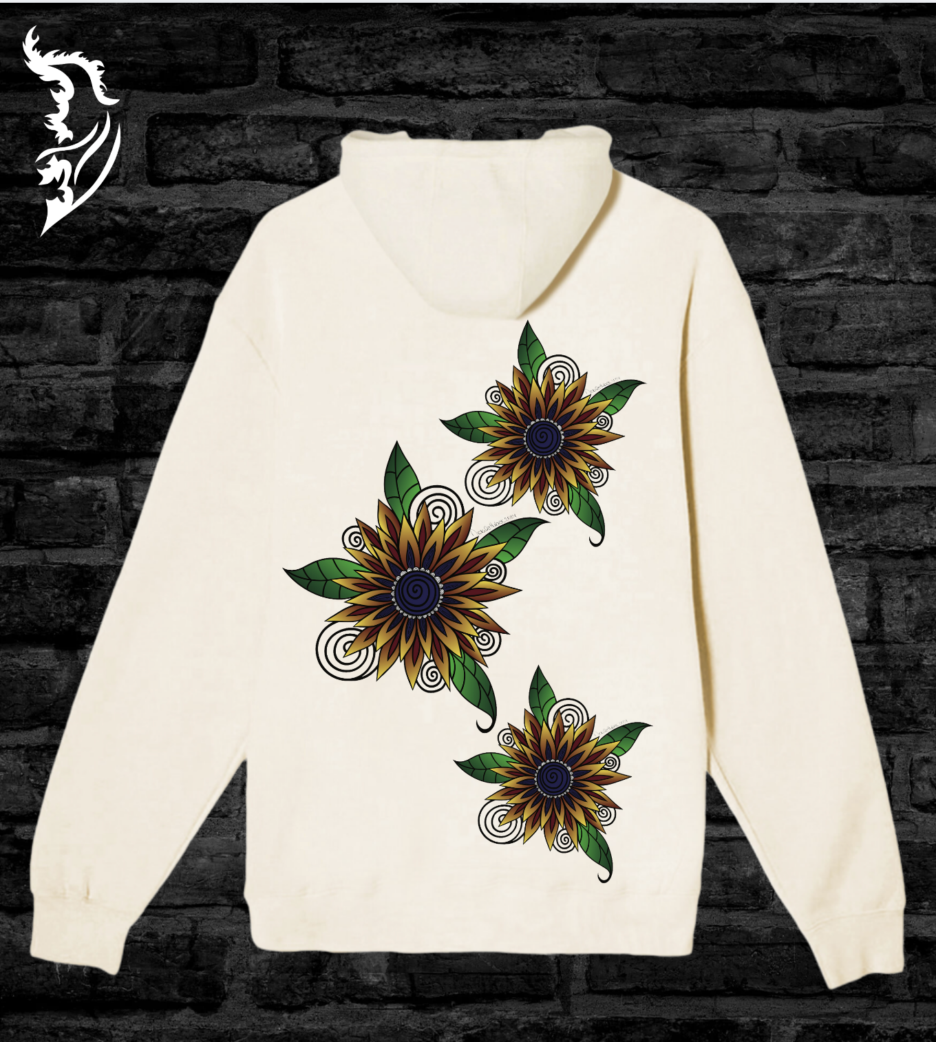 3 Gold & Yellow Sunflowers of various sizes randomly placed on back of hoodie