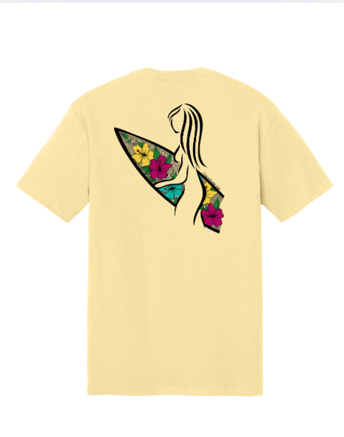 Yellow Men's T-Shirt with Hand-drawn Surfer girl holding Hawaiian themed surf board