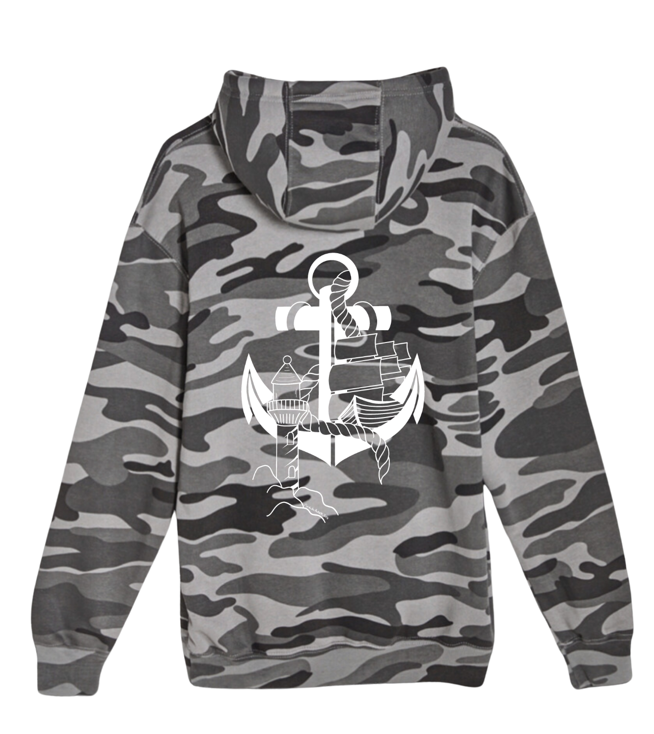 Hand-drawn White Anchor with ship and lighthouse down back center