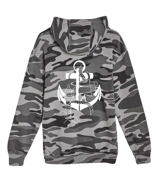 Hand-drawn White Anchor with ship and lighthouse down back center