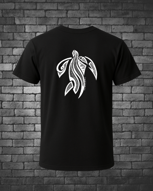 Hand-drawn Tribal Turtle in white on center back of T-shirt