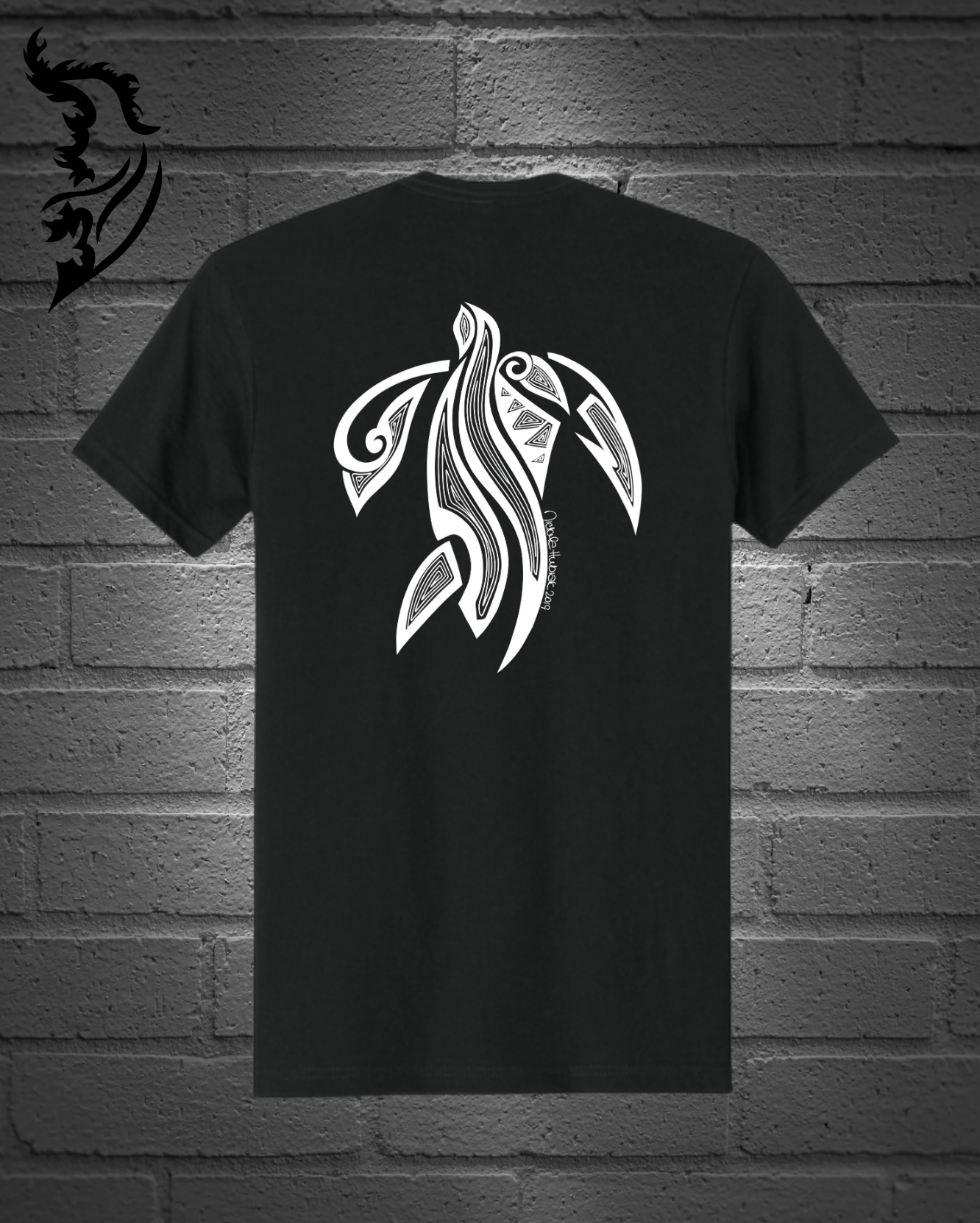 Hand-drawn Tribal Turtle in white on center back of T-shirt