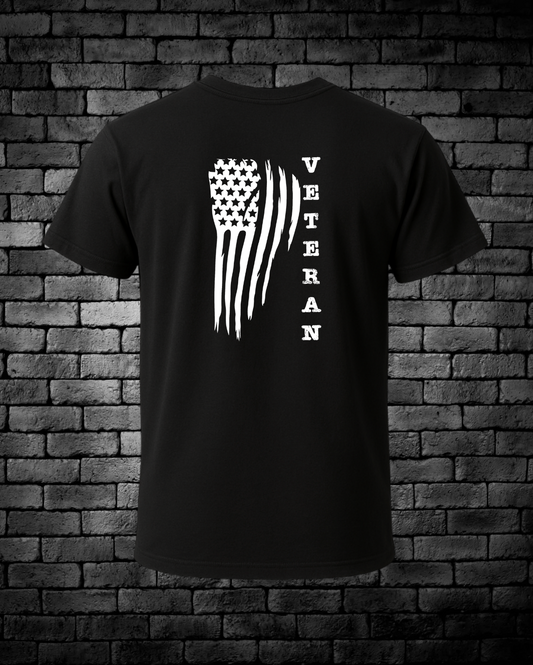 White American Flag with the word Veteran down side of flag
White American Flag on Right Shoulder
