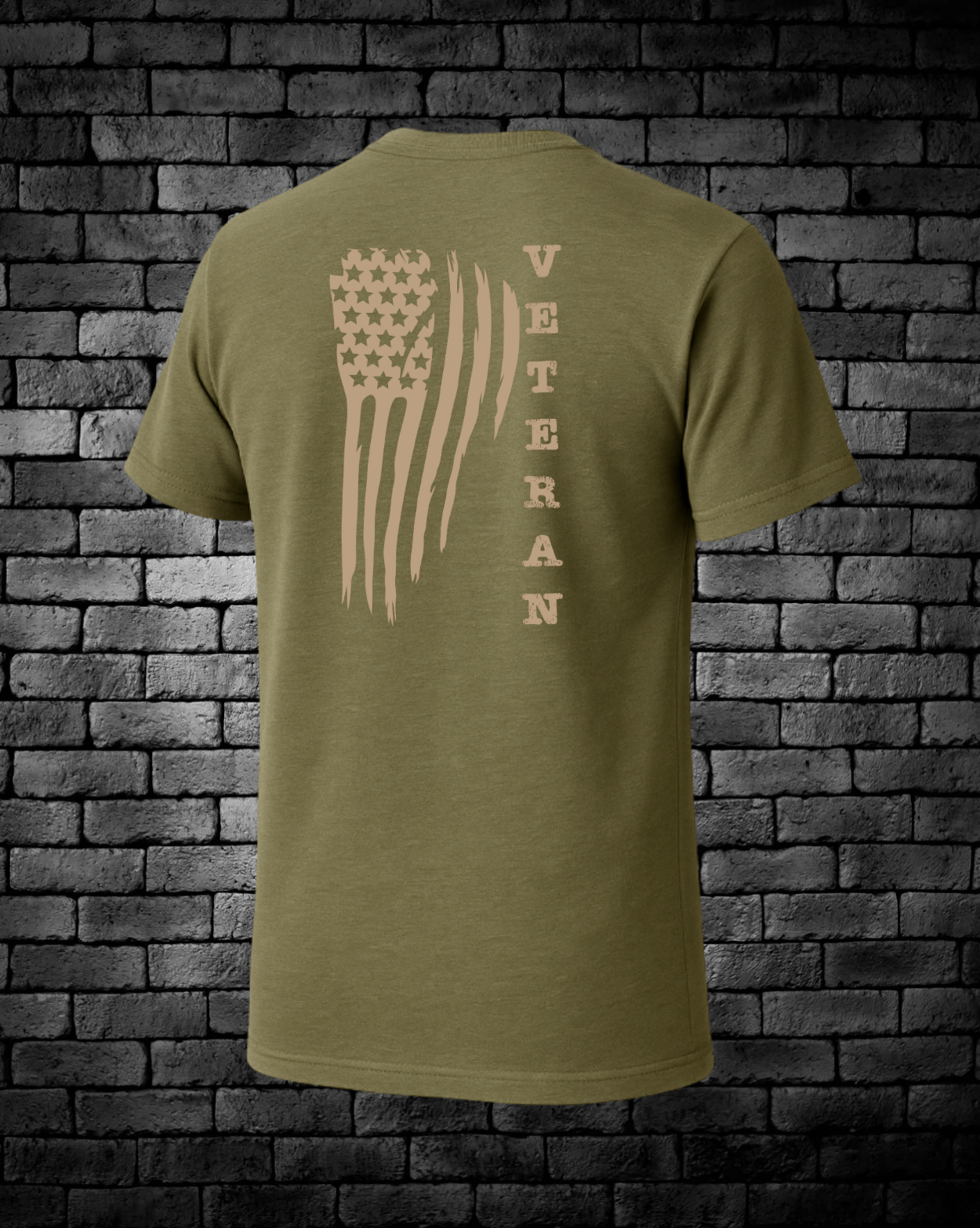 Military Green t-shirt with American flag and 'VETERAN' text on a brick wall background