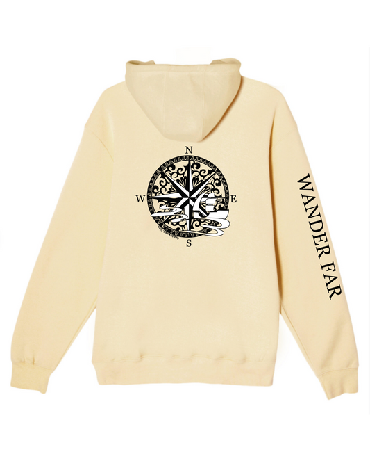 Hand-drawn Compass with Ship back center of hoodie 
Wander Far in black down right sleeve