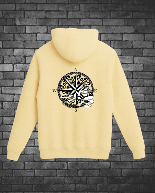 Hand-drawn Compass with Ship in black and white on back of yellow hoodie