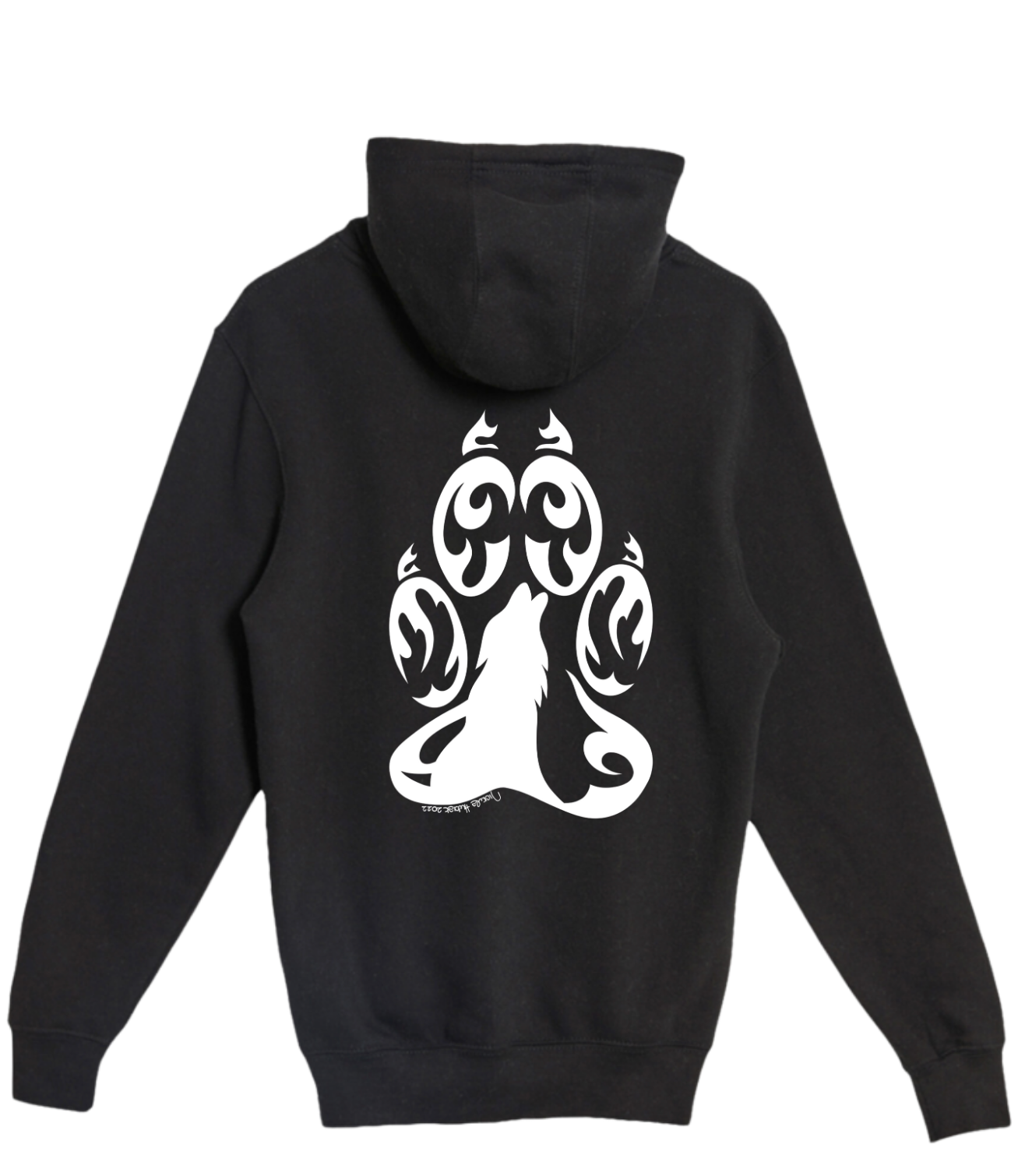 White Hand drawn Wolf in Paw center back of Hoodie
Color White