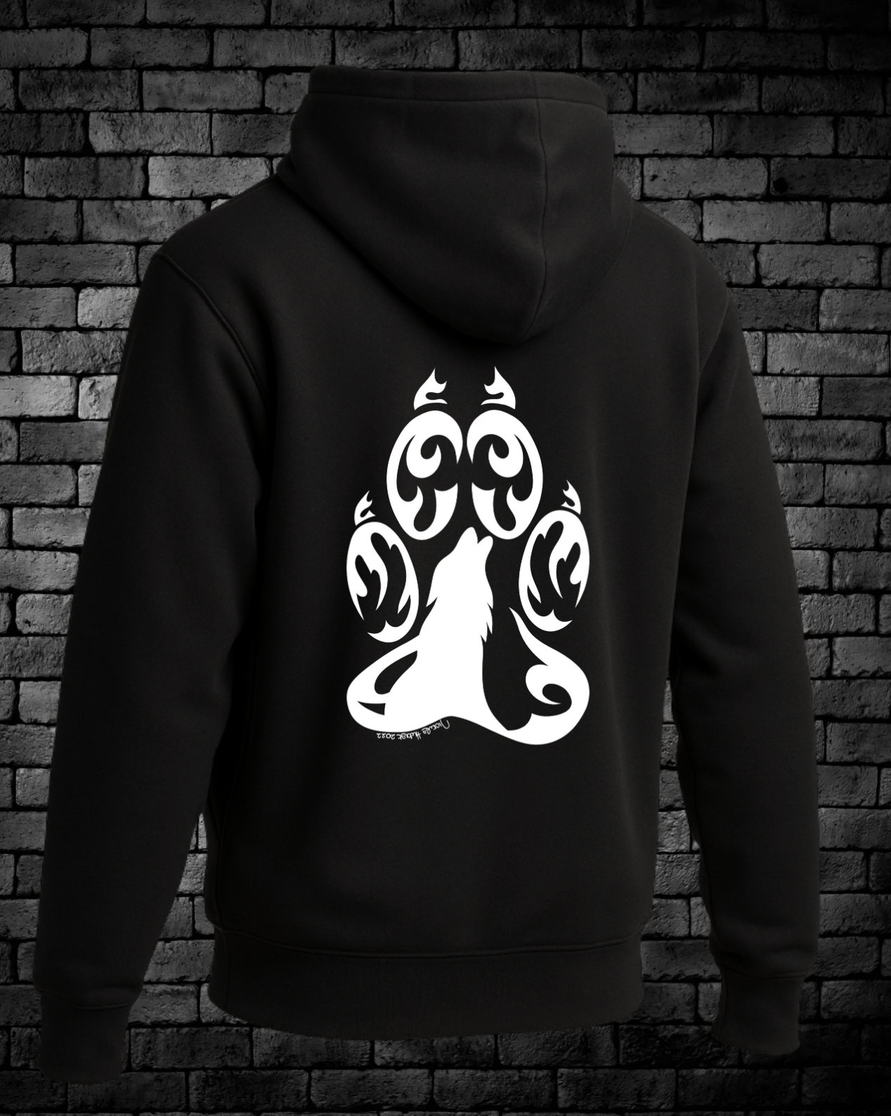 White Hand-drawn Paw Print with howling wolf in the middle