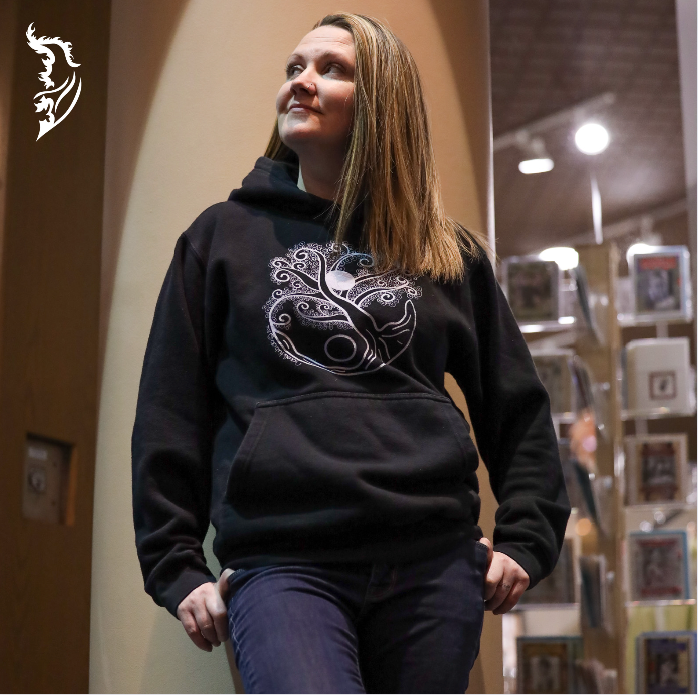 Black Unisex Hoodie with Hand-drawn Tree of Life Yin & Yang on front center of chest