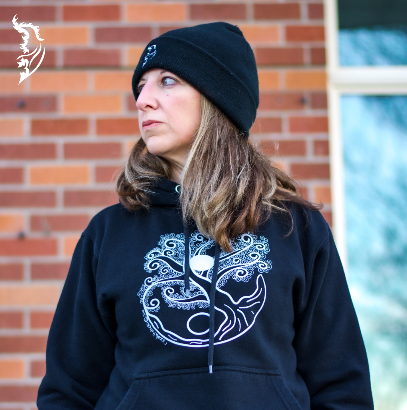 Black Unisex Hoodie with Hand-drawn Tree of Life Yin & Yang on front center of chest