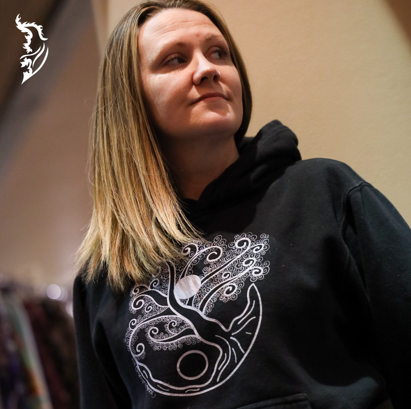 Black Unisex Hoodie with Hand-drawn Tree of Life Yin & Yang on front center of chest