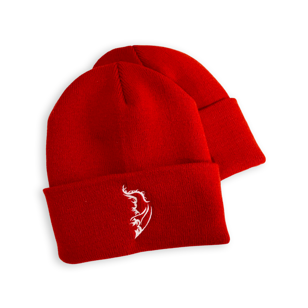 Product image of a streetwear beanie in red, made from soft knit fabric.