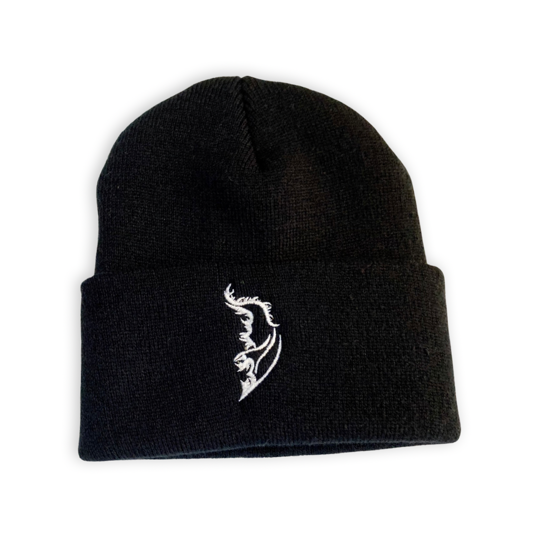 Product image of a streetwear beanie in classic black, made from soft knit fabric.