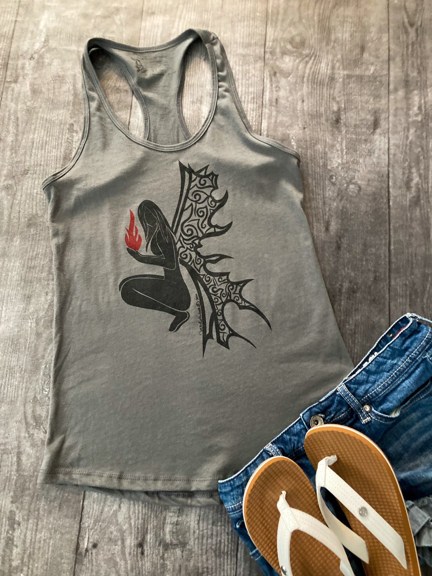 A grey fire angel sleeveless tank top with an edgy hand-drawn design