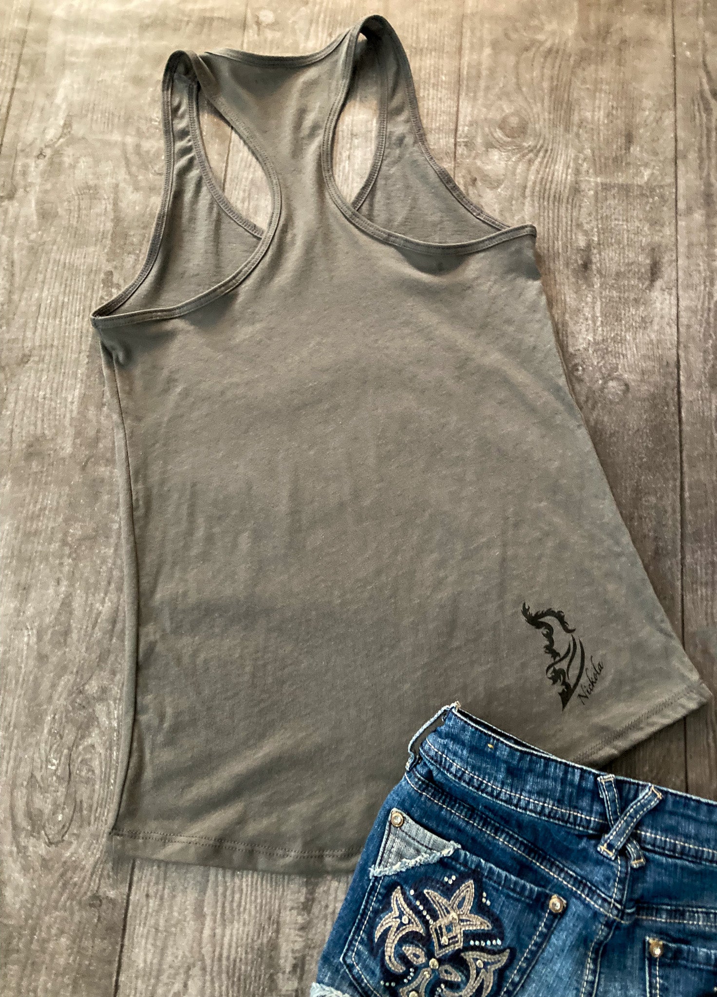 A grey fire angel sleeveless tank top with an edgy hand-drawn design. Back View.