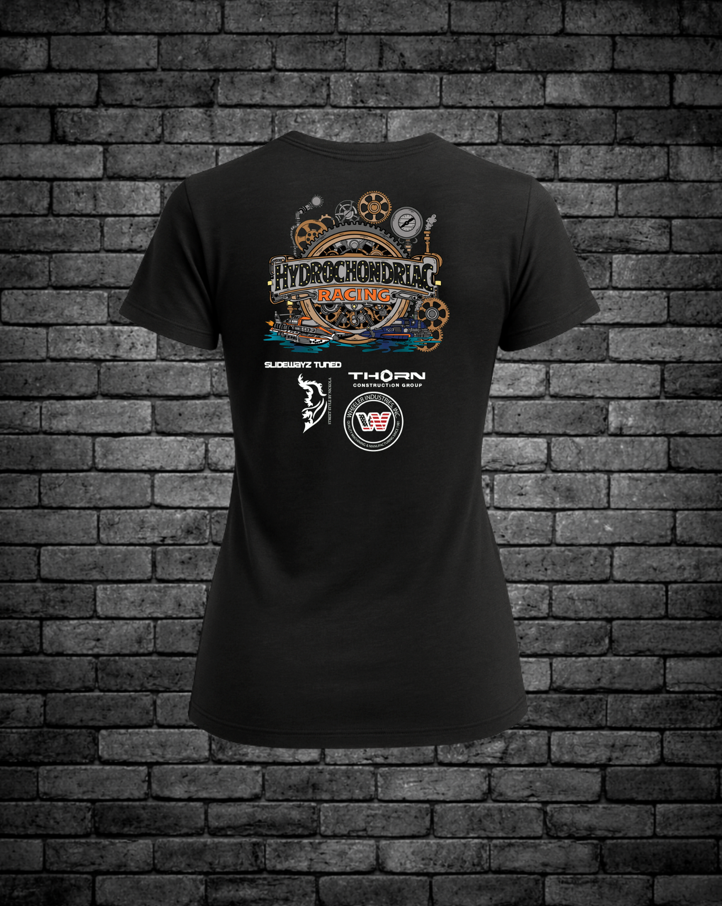 Steampunk Hydrochondriac Racing 2026 Logo on back of black T-Shirt