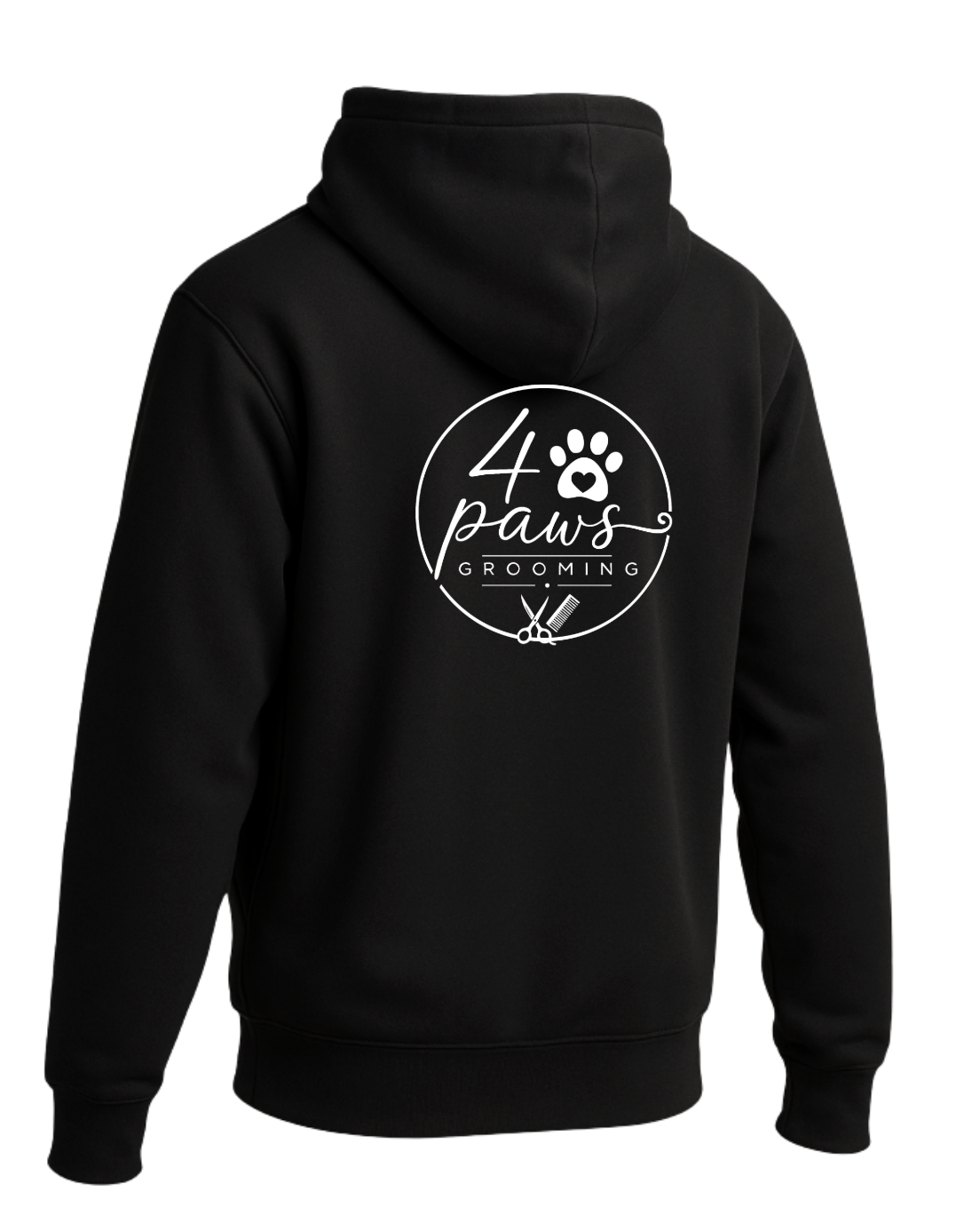 Back view of a Black, 4 Paws Grooming hoodie featuring a large white logo with a paw print, heart, scissors, and comb.