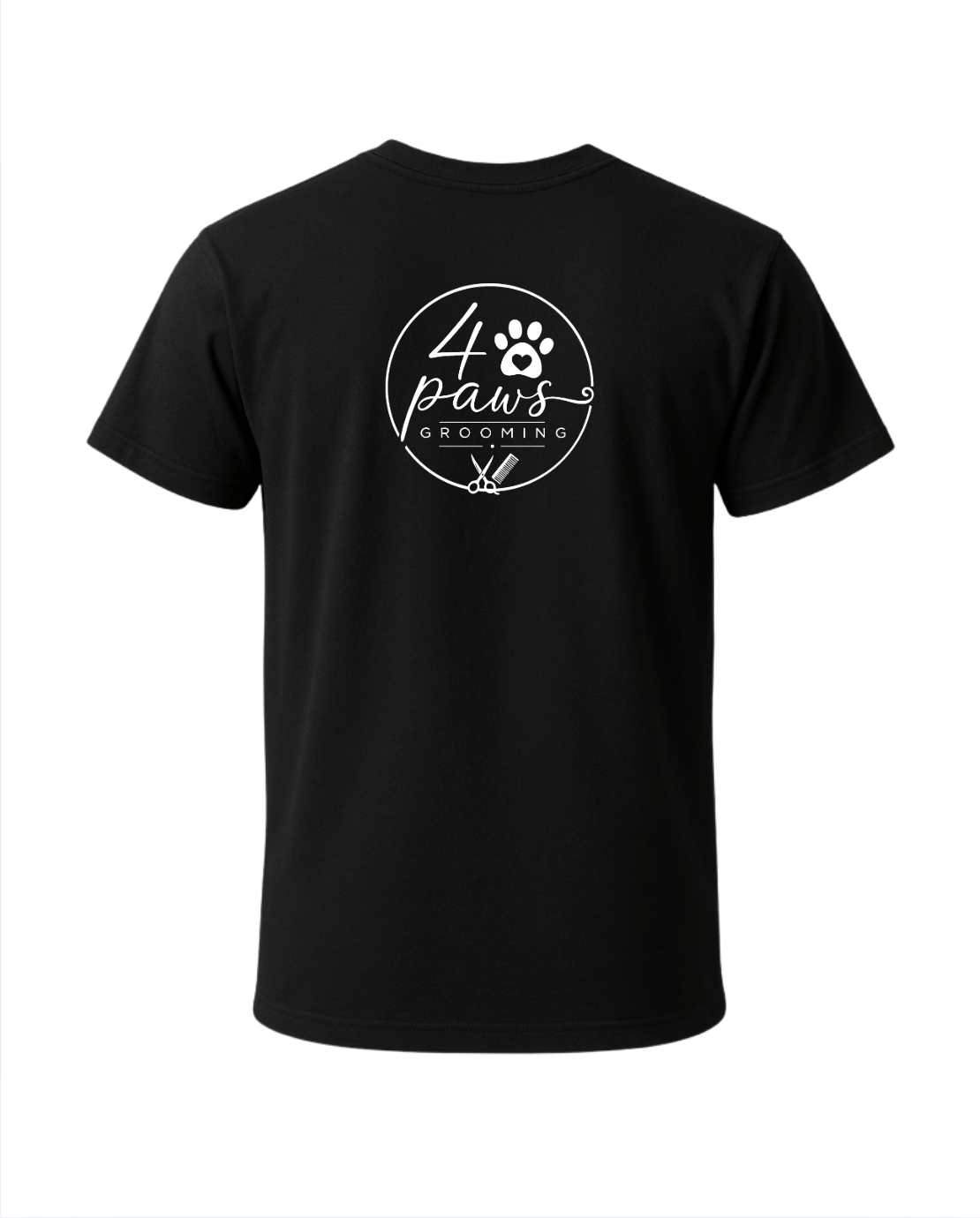 Back view of a black 4 Paws Grooming men’s T-shirt featuring a large white logo with a paw print, heart, grooming scissors, and comb.