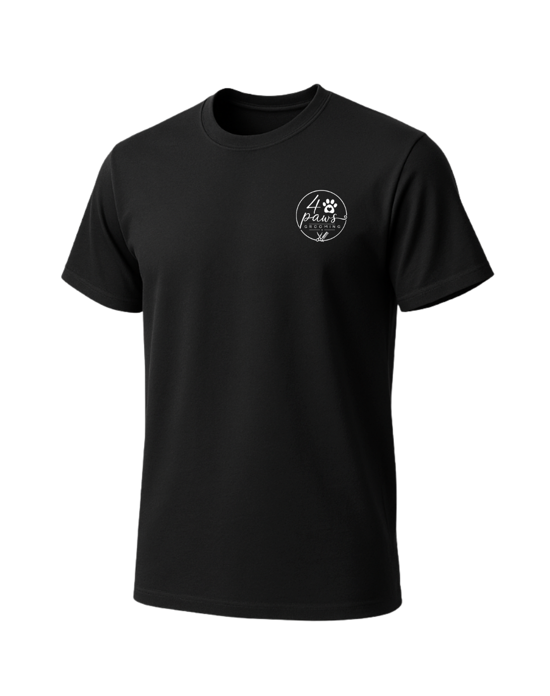 Front view of a black 4 Paws Grooming men’s T-shirt featuring a small black logo with a paw print, heart, grooming scissors, and comb on the left chest.
