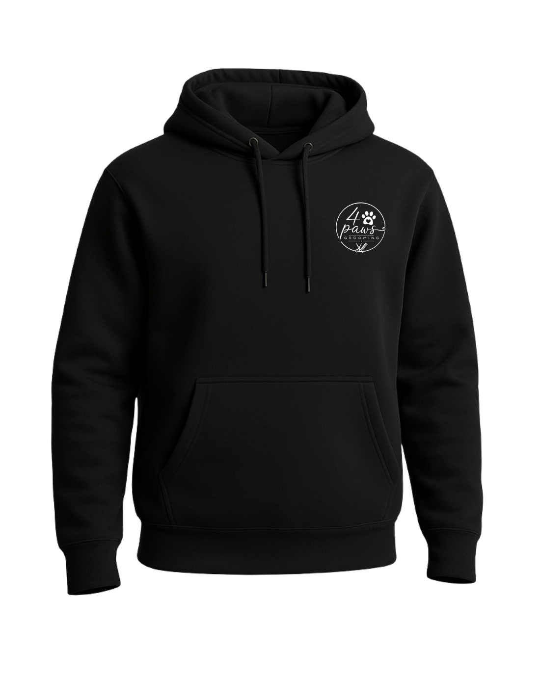 Front view of a Black - 4 Paws Grooming pullover hoodie with a small white logo on the left chest, drawstring hood, and front pouch pocket.