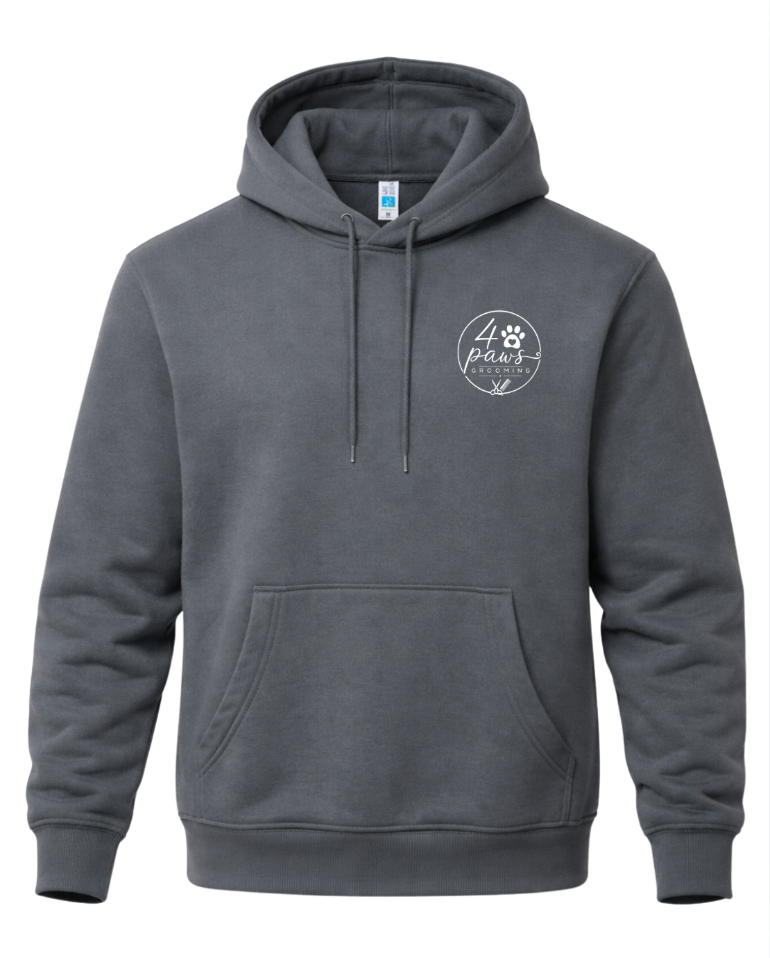 Front view of a Rock Grey - 4 Paws Grooming pullover hoodie with a small white logo on the left chest, drawstring hood, and front pouch pocket.