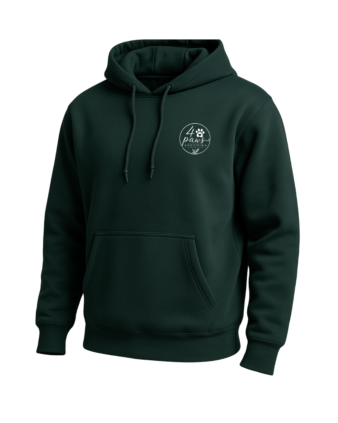 Front view of a Sports Green - 4 Paws Grooming pullover hoodie with a small white logo on the left chest, drawstring hood, and front pouch pocket.
