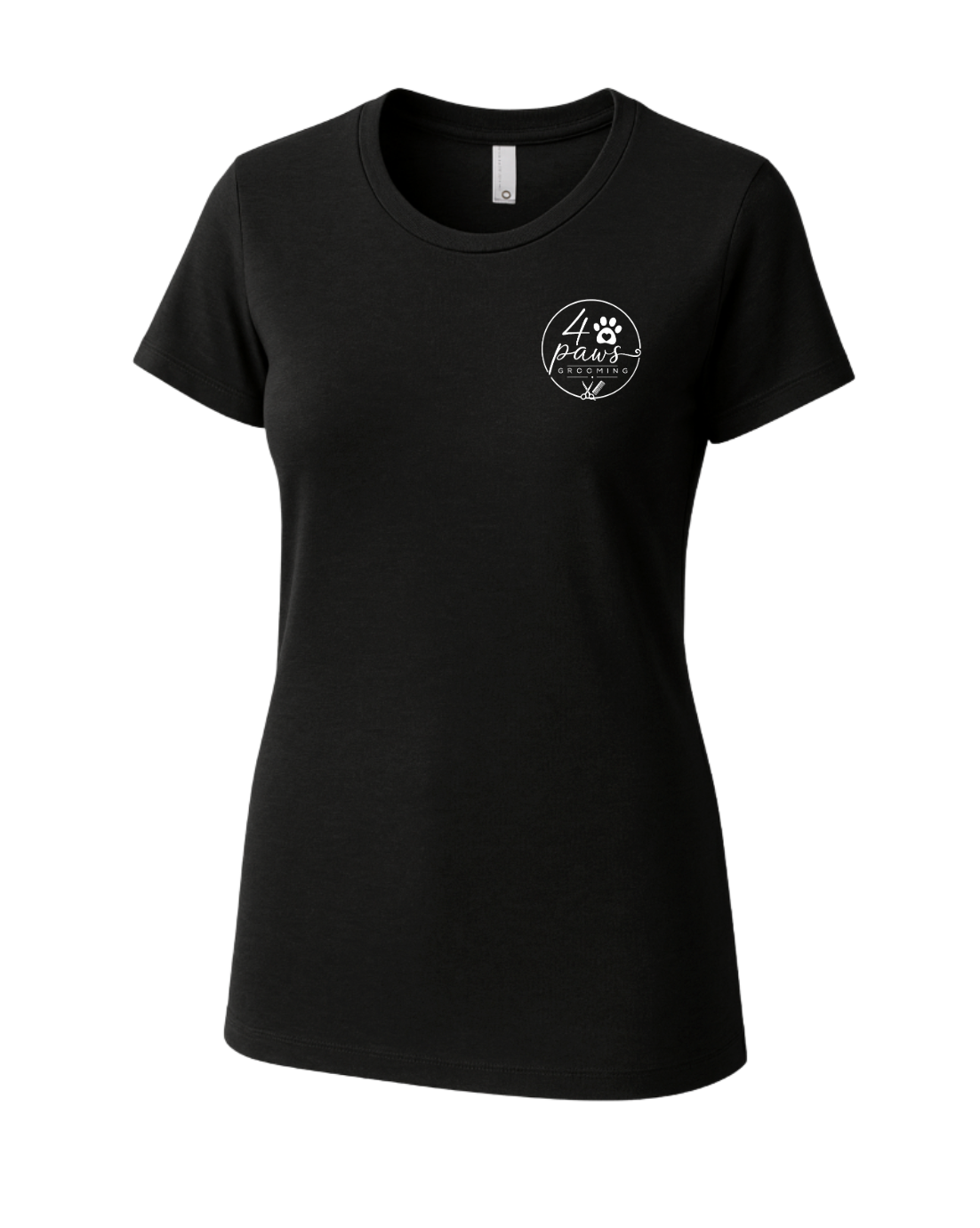 Front view of a black 4 Paws Grooming ladies’ T-shirt featuring a small white logo with a paw print, heart, grooming scissors, and comb on the left chest.