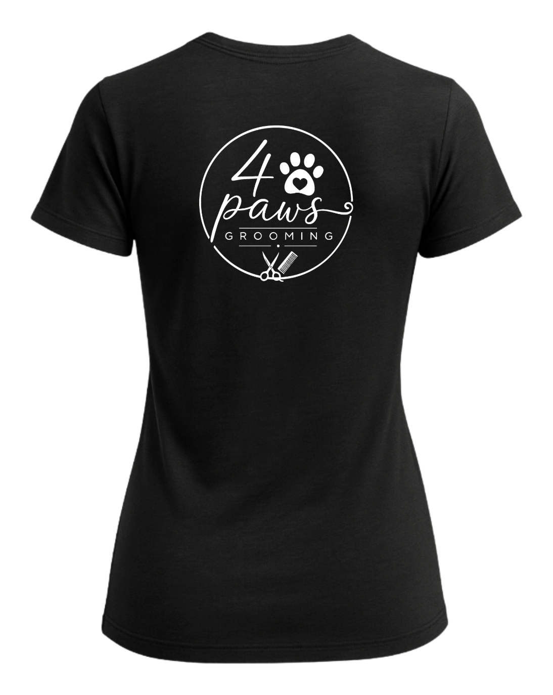 Back view of a black 4 Paws Grooming ladies’ T-shirt featuring a large white logo with a paw print, heart, grooming scissors, and comb.
