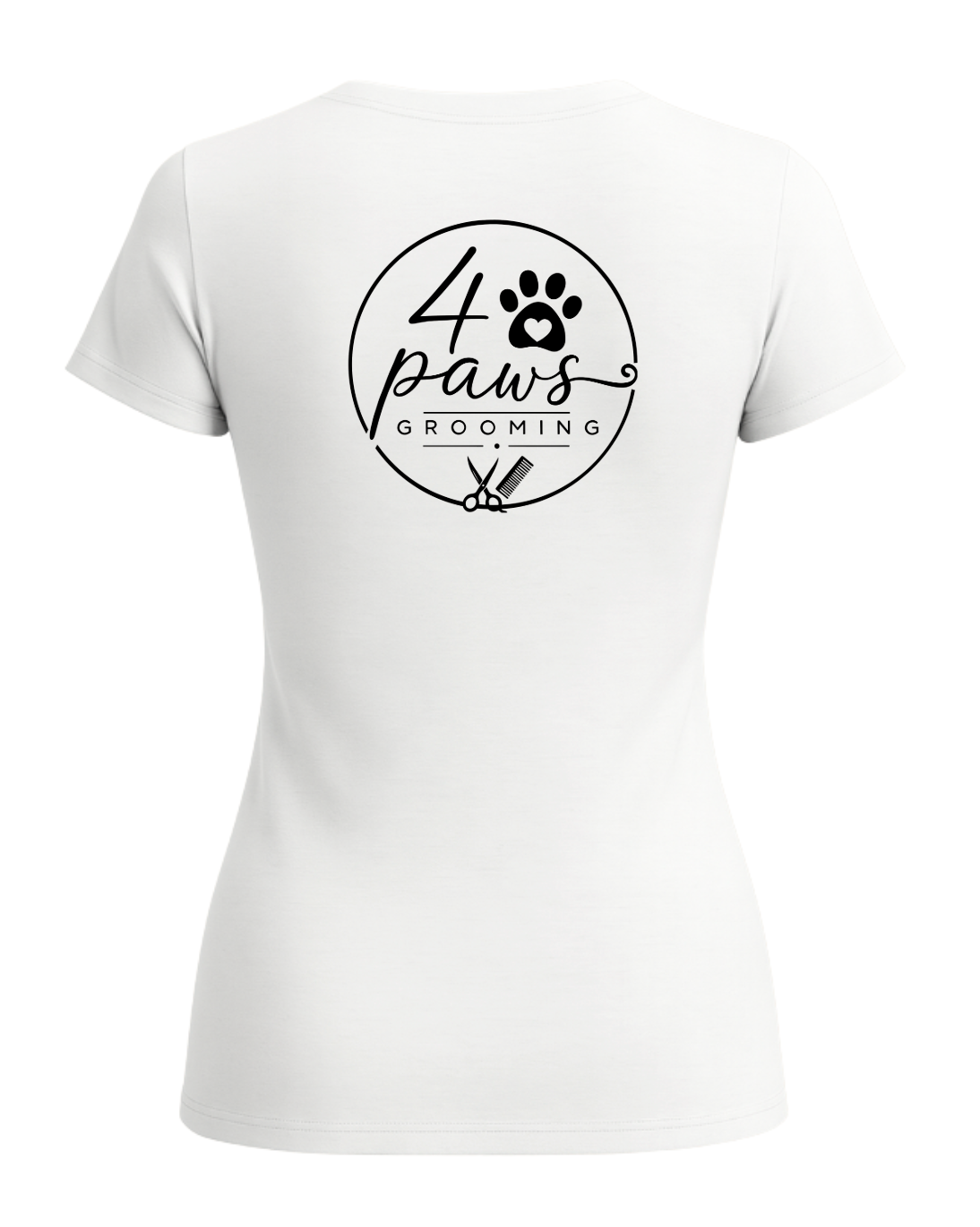 Back view of a white 4 Paws Grooming ladies’ T-shirt featuring a large black logo with a paw print, heart, grooming scissors, and comb.