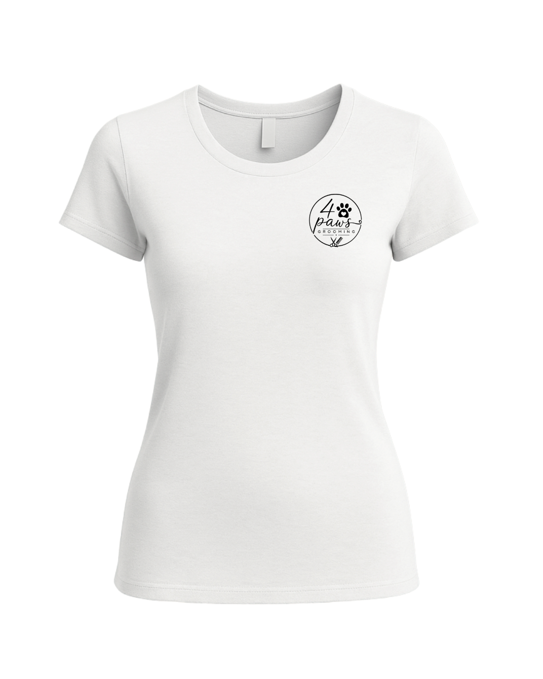 Front view of a white 4 Paws Grooming ladies’ T-shirt featuring a small black logo with a paw print, heart, grooming scissors, and comb on the left chest.