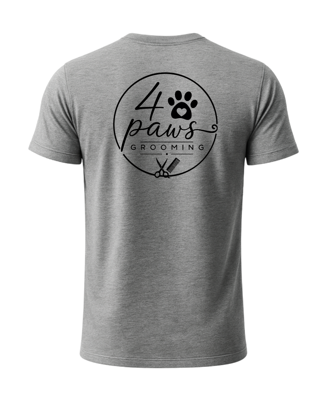 Back view of a black 4 Paws Grooming men’s T-shirt featuring a large white logo with a paw print, heart, grooming scissors, and comb.