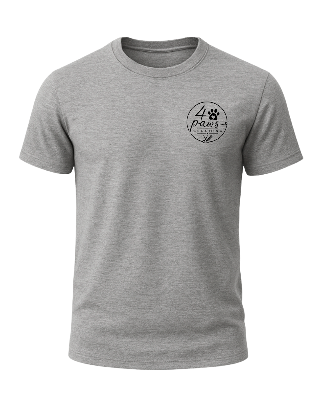 Front view of a heather gray 4 Paws Grooming men’s T-shirt featuring a small black logo with a paw print, heart, grooming scissors, and comb on the left chest.