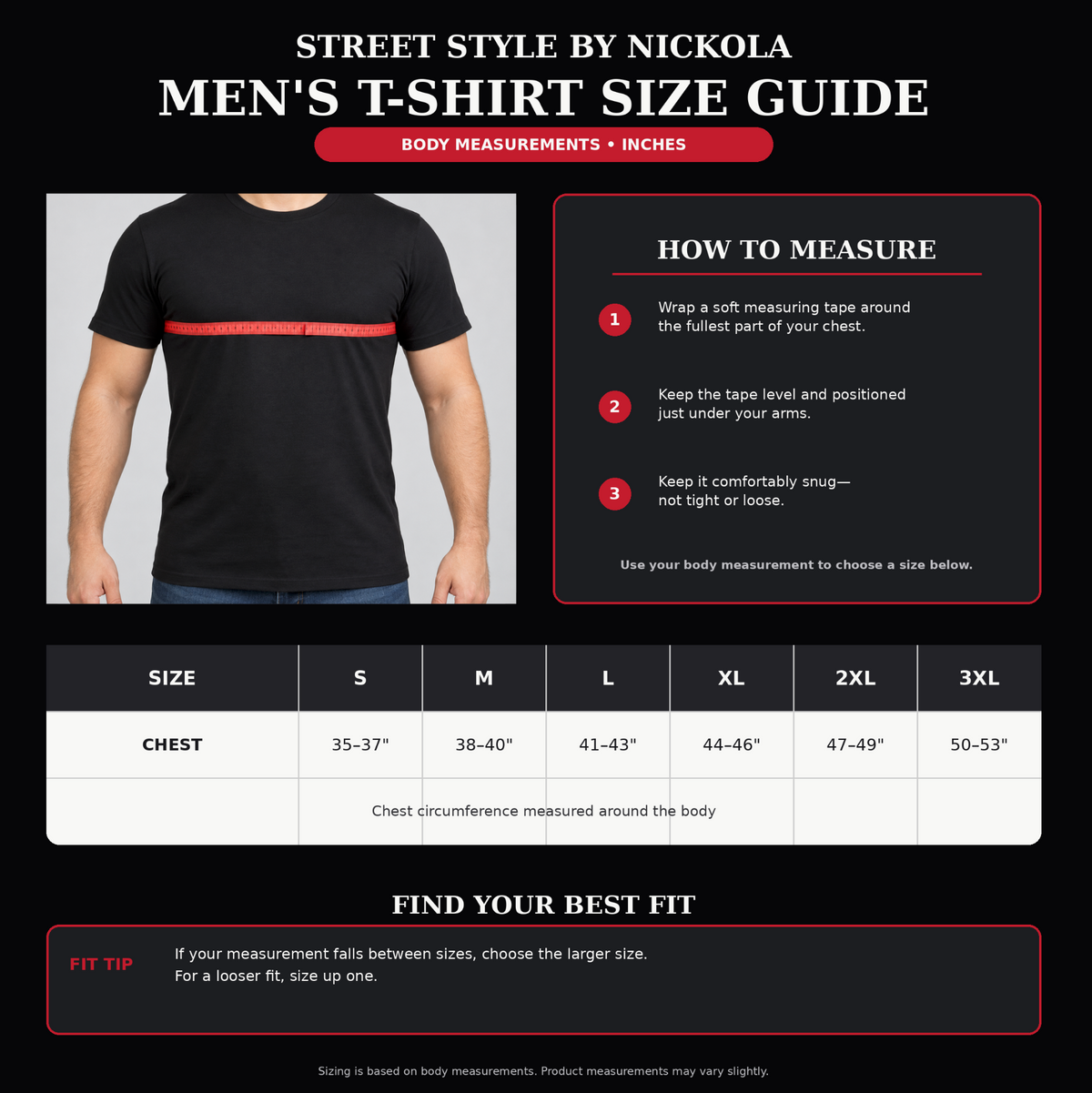 Men’s T-shirt size guide showing how to measure chest circumference, with body measurements in inches for sizes small through 3XL.