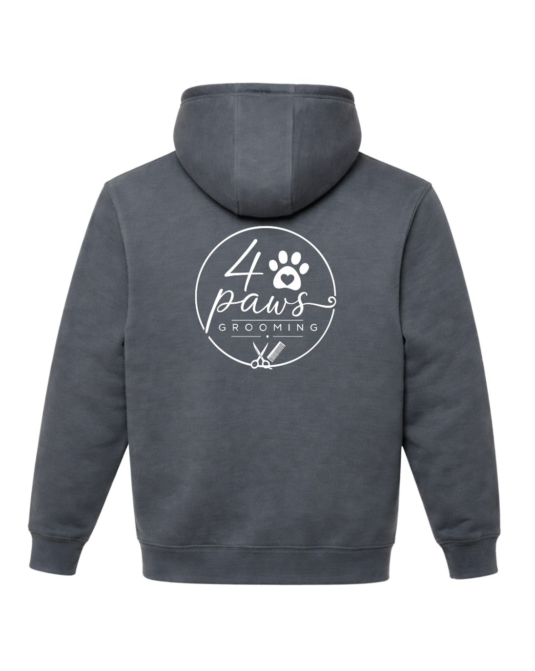 Back view of a Rock Grey, 4 Paws Grooming hoodie featuring a large white logo with a paw print, heart, scissors, and comb.