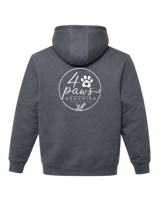 Back view of a Rock Grey, 4 Paws Grooming hoodie featuring a large white logo with a paw print, heart, scissors, and comb.