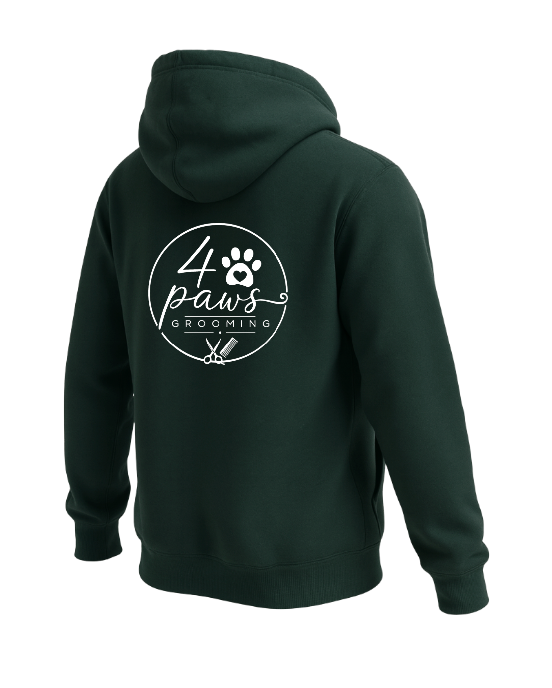 Back view of a Sports Green, 4 Paws Grooming hoodie featuring a large white logo with a paw print, heart, scissors, and comb.