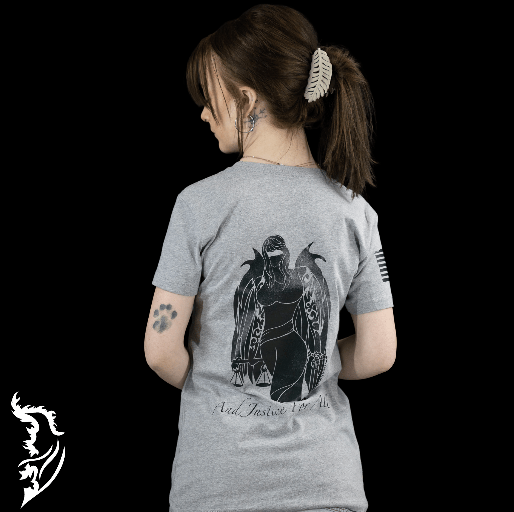 Hand-drawn Angel of Justice on back of heather grey ladies tee