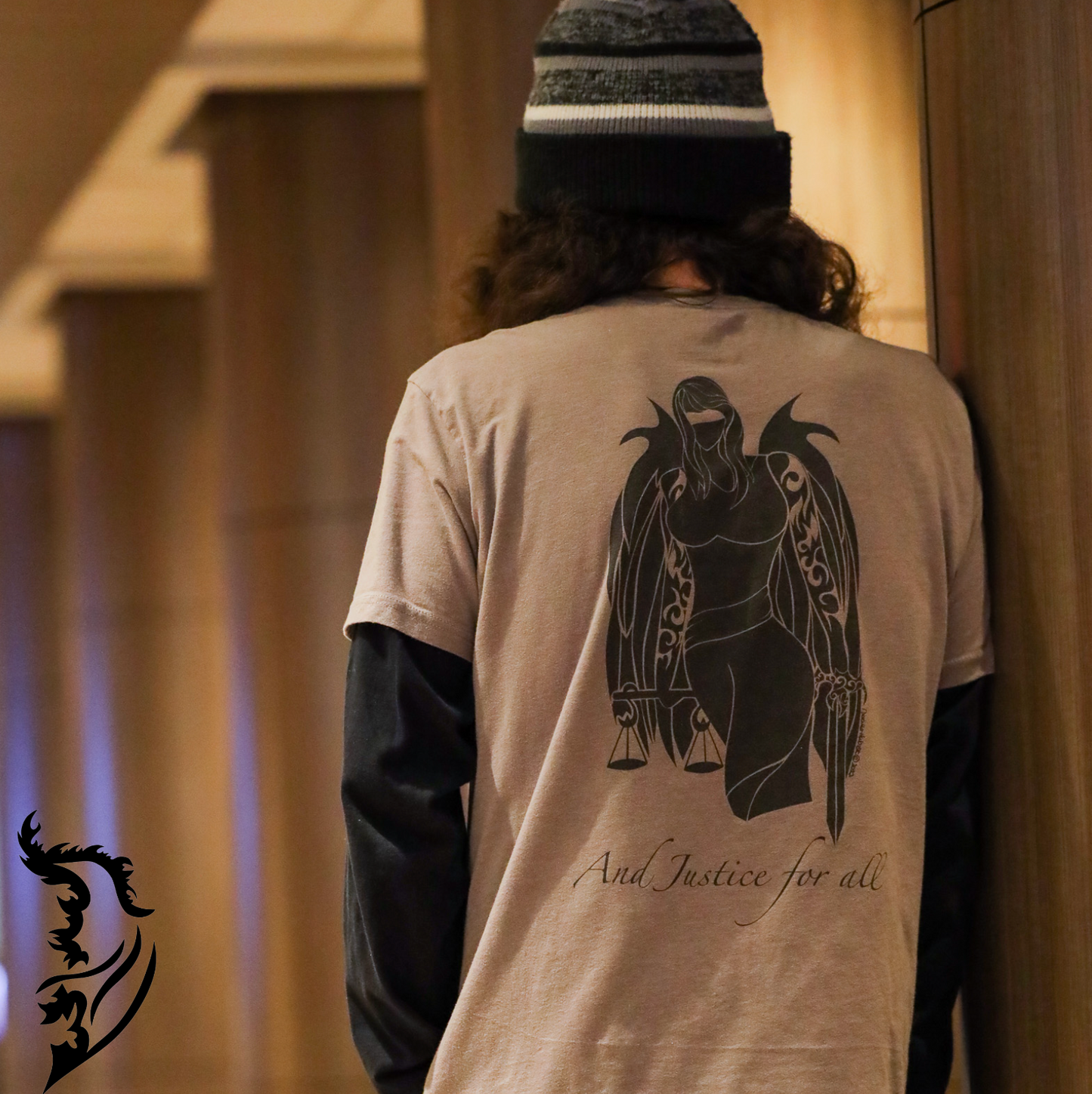 Hand-drawn Angel of Justice artwork on a men's T-shirt, showcasing detailed wearable art for bold personal expression. Perfect for street style fashion and unique artistic clothing enthusiasts.