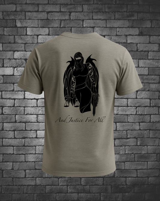 Hand-drawn Blindfolded Angel with scales and sword. "And Justice for All" written below Angel - American Flag on right shoulder 