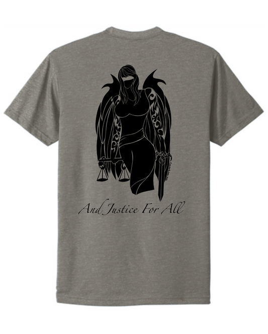Hand-drawn Blindfolded Angel with scales and sword. "And Justice for All" written below Angel - American Flag on right shoulder 