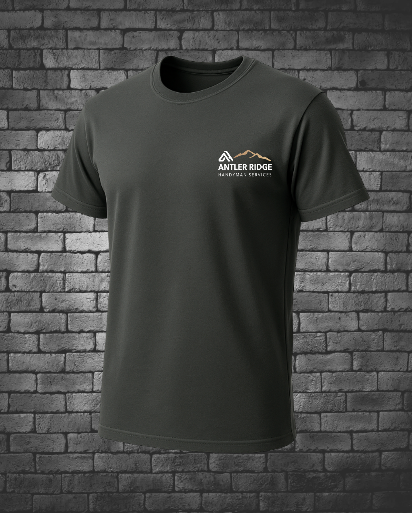 Dark gray t-shirt with a logo on a brick wall background