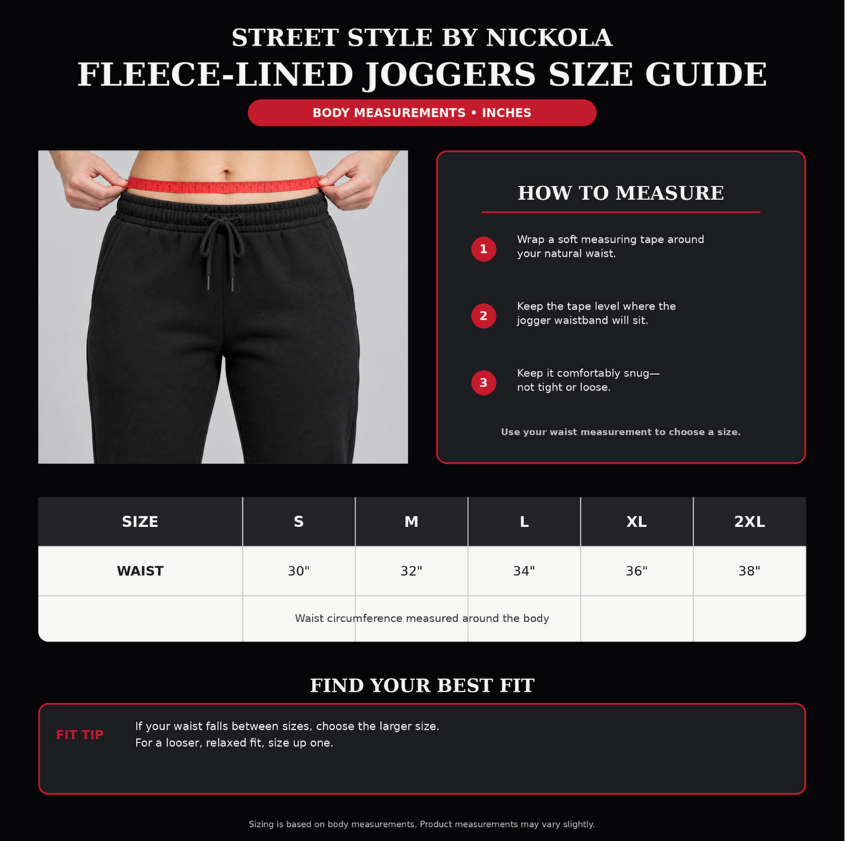 Fleece-lined joggers size guide showing how to measure waist circumference, with body measurements in inches for sizes small through 2XL.