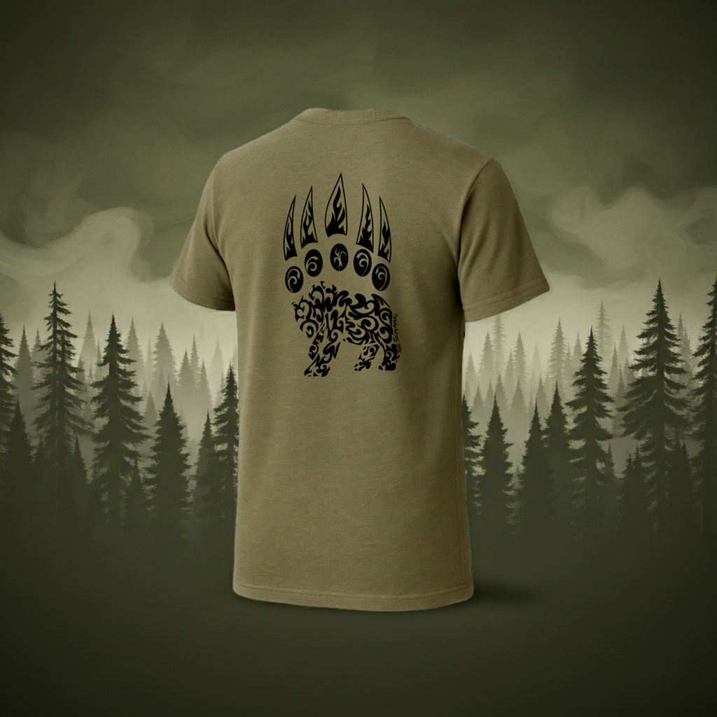 Military Green t-shirt with hand-drawn bear paw print design on a forest background