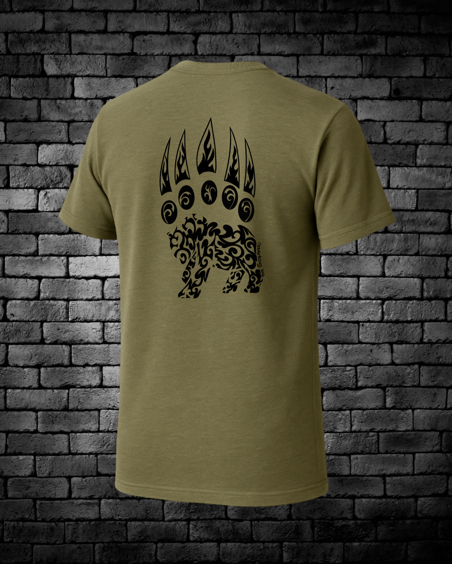 Military Green Men's T-Shirt 
Hand-drawn Black Bear Paw on back