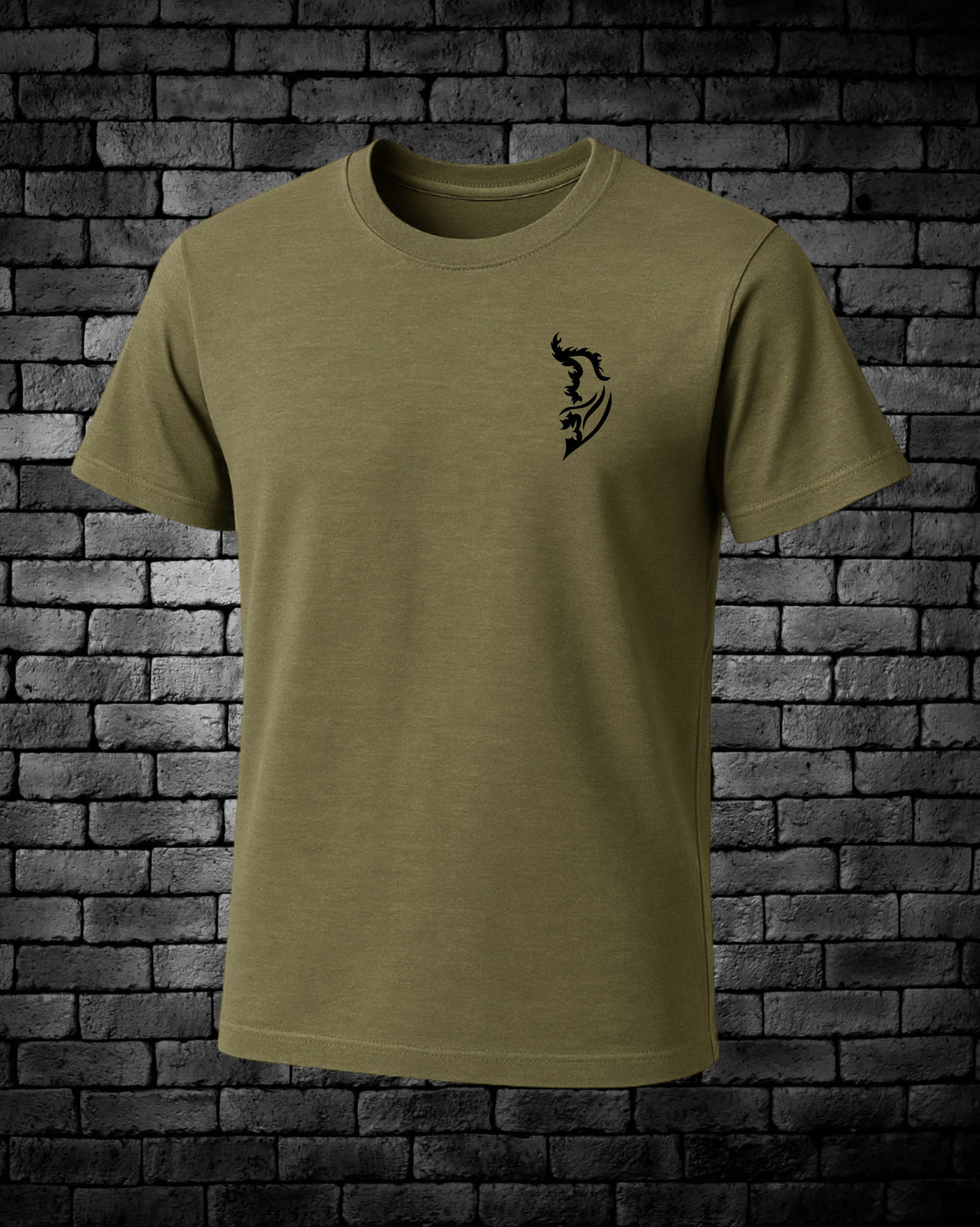 Black Angel Wing logo on front left chest on Military Green T-Shirt